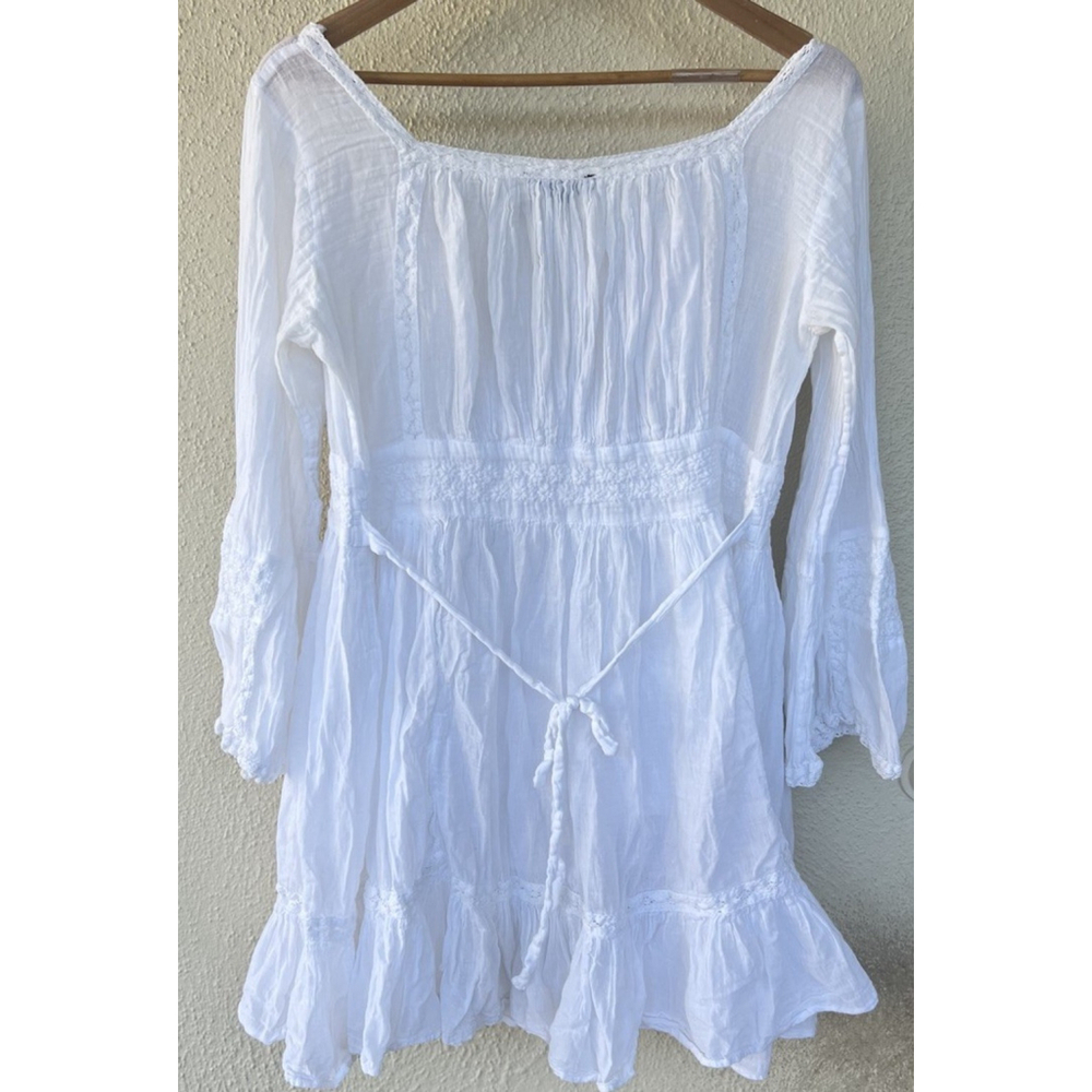 Karma Highway White Floral Dress L Cottage Prairie Romantic Peasant Bell Sleeve - Picture 6 of 9
